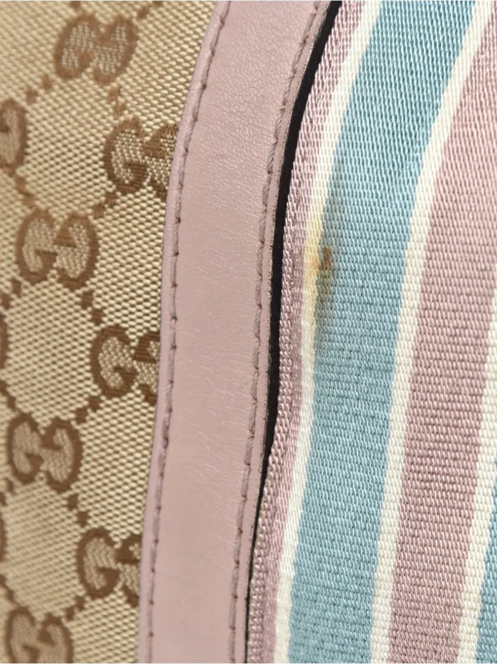 Gucci Beige Monogram Satchel with Pink and Blue Stripes
